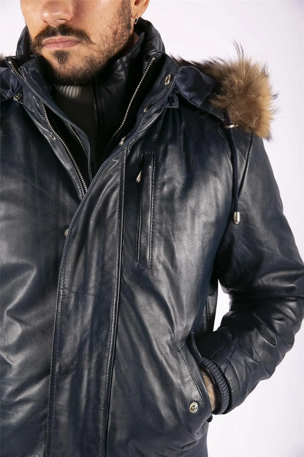 TruClothing Men's Bomber Jacket Outwear Windproof Winter Puffer Real Leather Jackets Coat Fur Hood