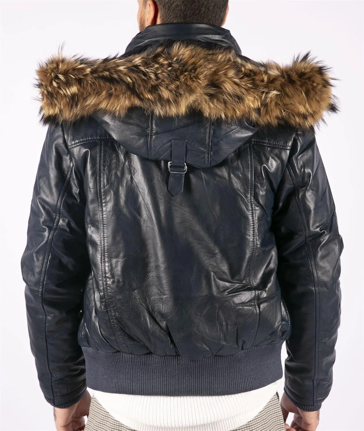 TruClothing Men's Bomber Jacket Outwear Windproof Winter Puffer Real Leather Jackets Coat Fur Hood