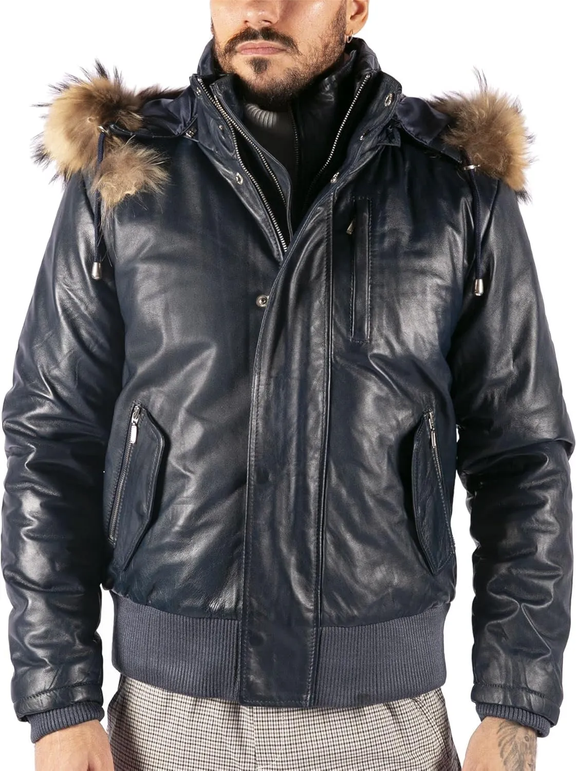 TruClothing Men's Bomber Jacket Outwear Windproof Winter Puffer Real Leather Jackets Coat Fur Hood