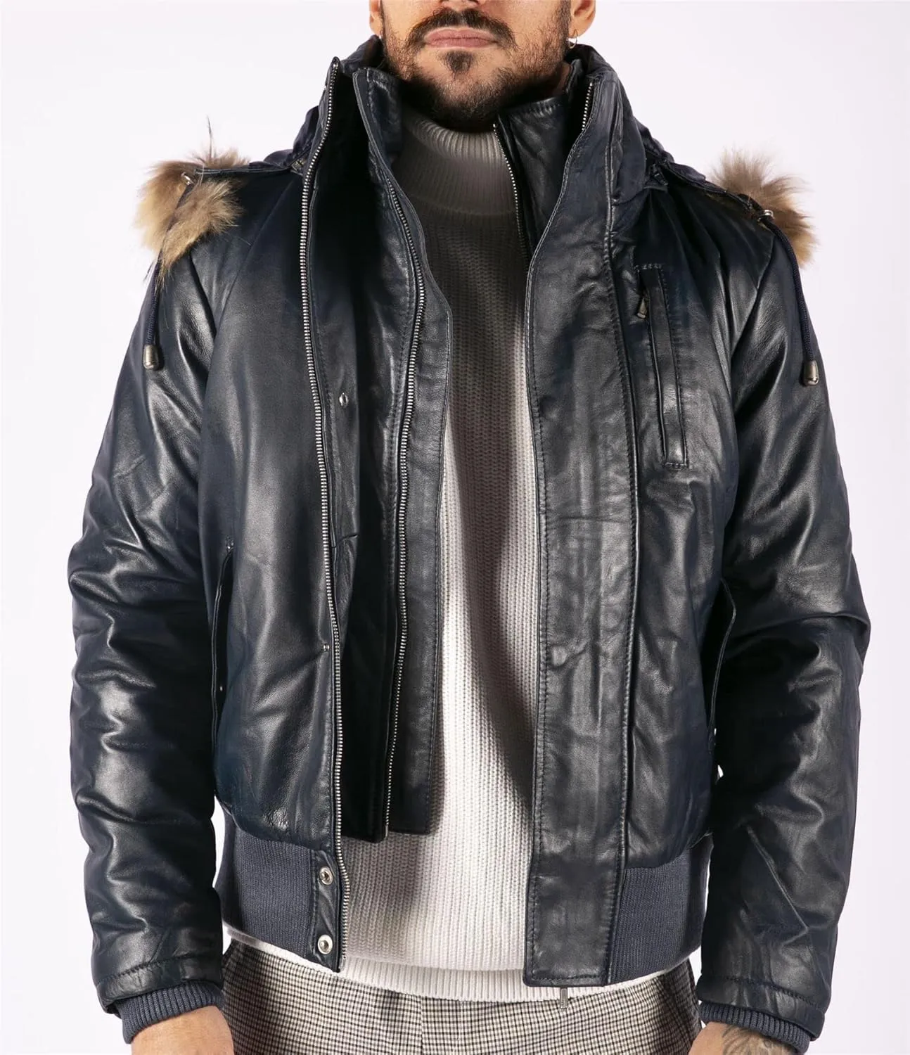 TruClothing Men's Bomber Jacket Outwear Windproof Winter Puffer Real Leather Jackets Coat Fur Hood