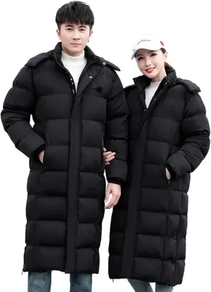 Unisex Men's Women's Long Puffer Jacket Thermal Cotton Padded Winter Coat with Detachable Hood