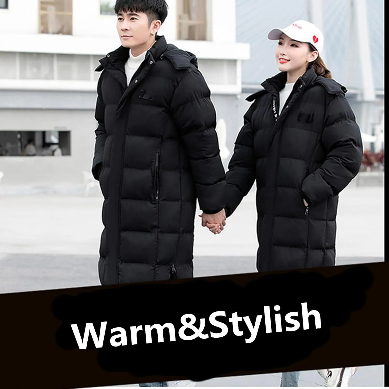Unisex Men's Women's Long Puffer Jacket Thermal Cotton Padded Winter Coat with Detachable Hood