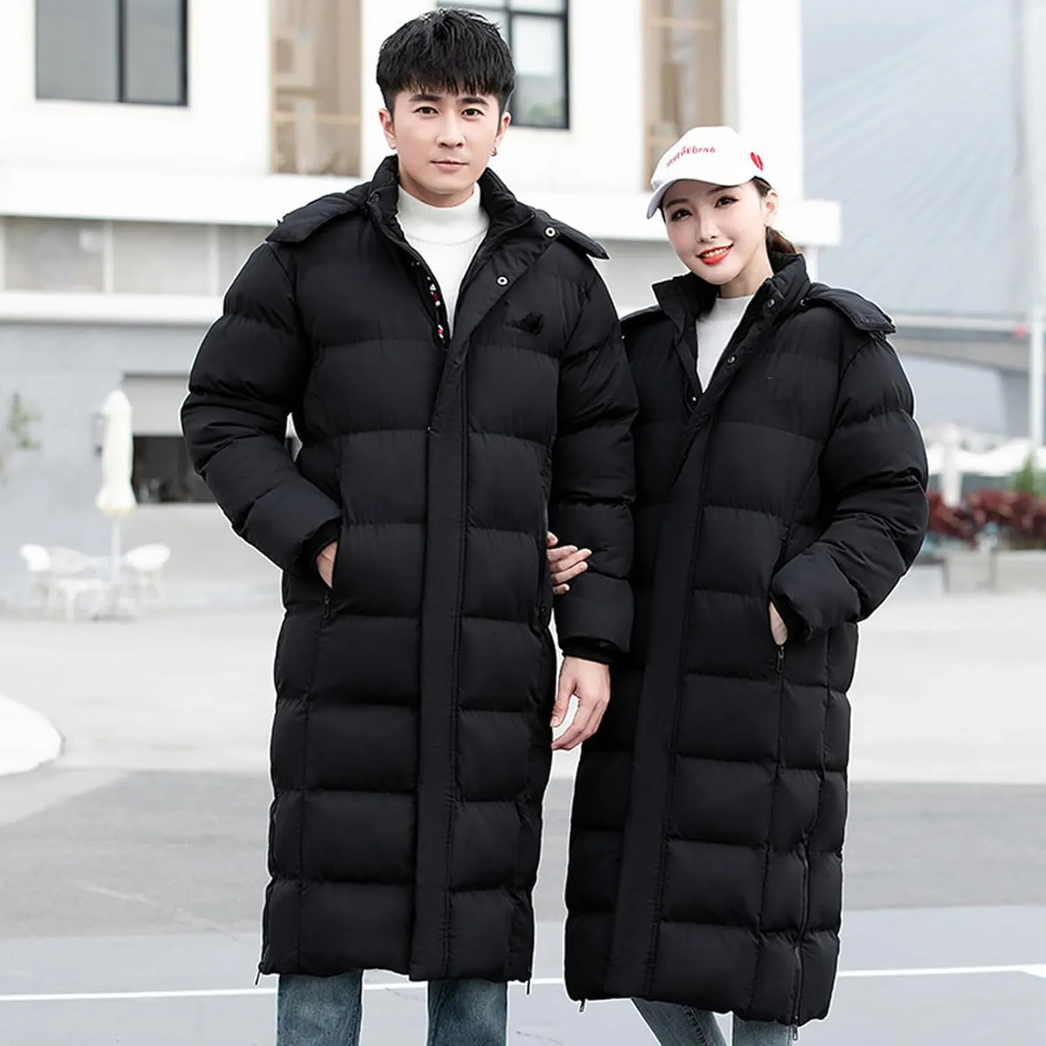Unisex Men's Women's Long Puffer Jacket Thermal Cotton Padded Winter Coat with Detachable Hood
