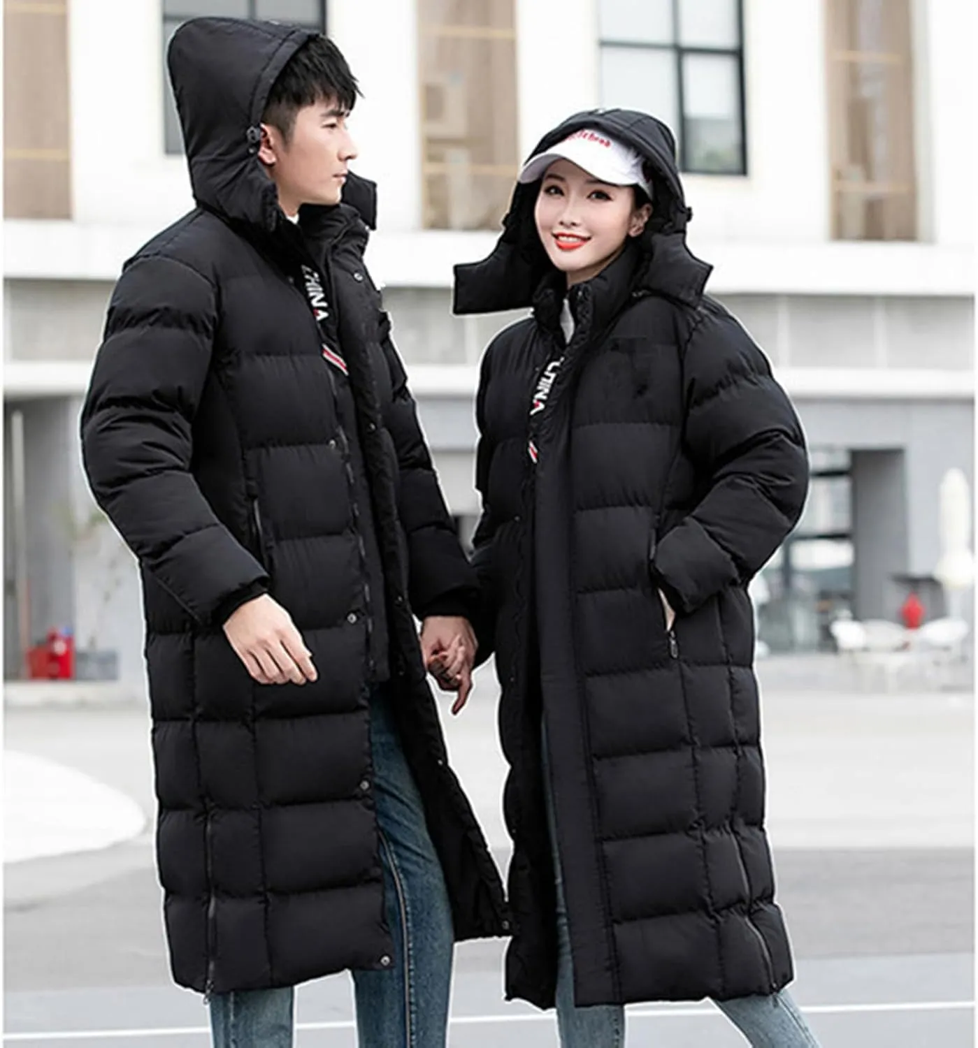 Unisex Men's Women's Long Puffer Jacket Thermal Cotton Padded Winter Coat with Detachable Hood
