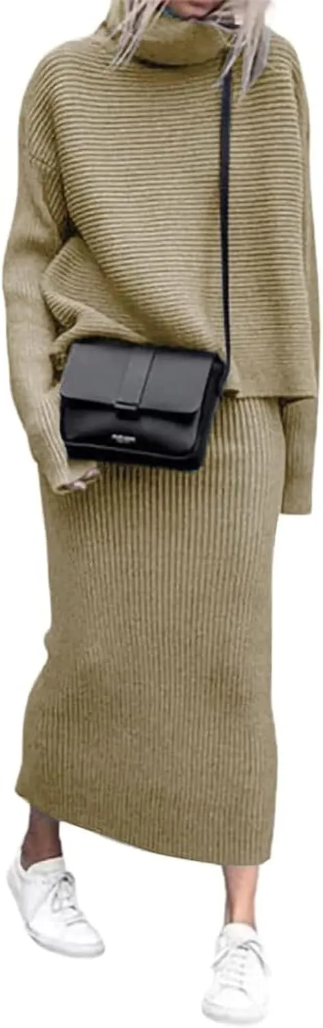 utcoco Women's Pullover Sweaters 2 Piece Outfits Long Sleeve Knit Pullover and Long Skirt Sweater Sets