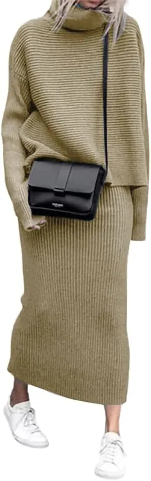 utcoco Women's Pullover Sweaters 2 Piece Outfits Long Sleeve Knit Pullover and Long Skirt Sweater Sets