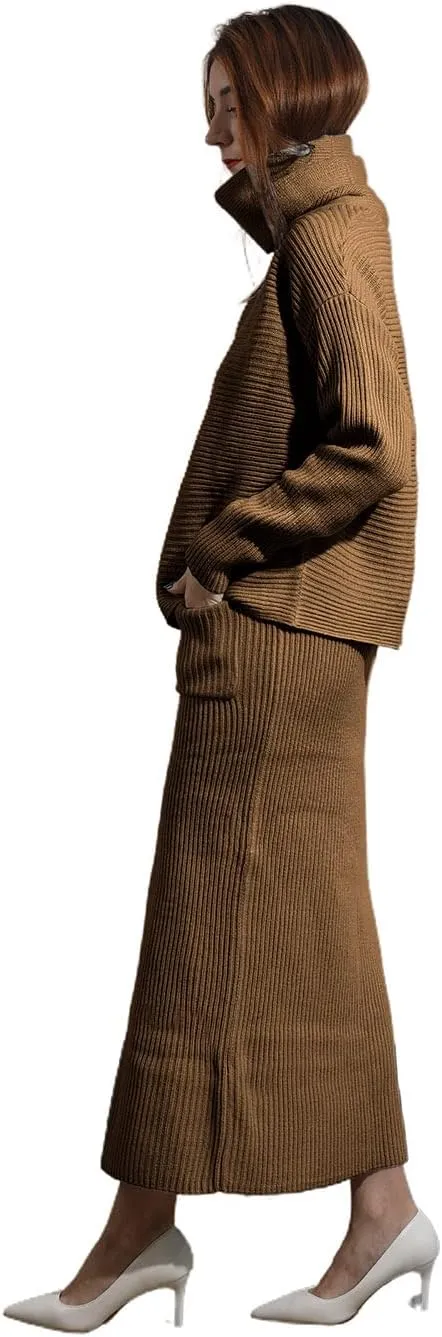 utcoco Women's Pullover Sweaters 2 Piece Outfits Long Sleeve Knit Pullover and Long Skirt Sweater Sets