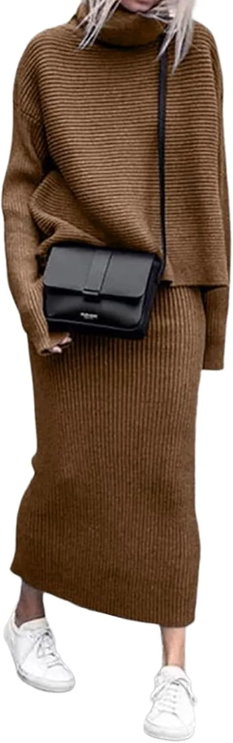 utcoco Women's Pullover Sweaters 2 Piece Outfits Long Sleeve Knit Pullover and Long Skirt Sweater Sets