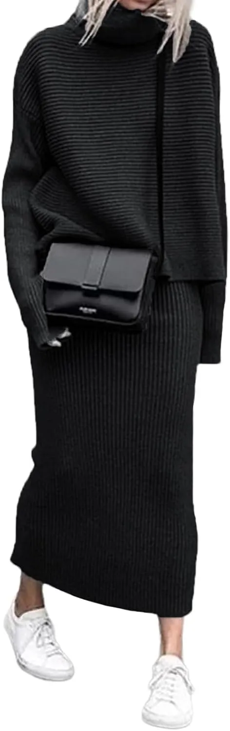 utcoco Women's Pullover Sweaters 2 Piece Outfits Long Sleeve Knit Pullover and Long Skirt Sweater Sets