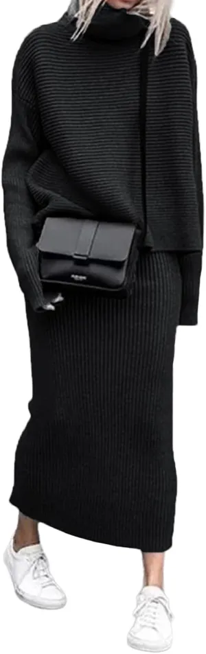 utcoco Women's Pullover Sweaters 2 Piece Outfits Long Sleeve Knit Pullover and Long Skirt Sweater Sets