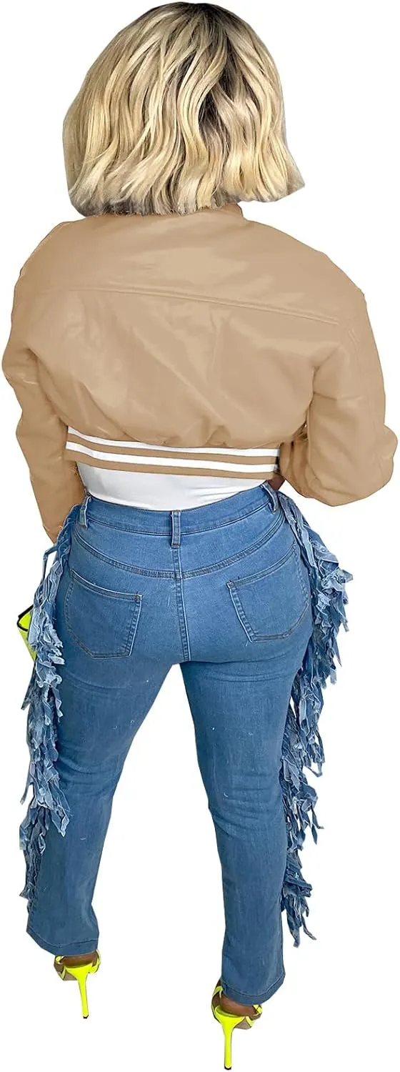 Varsity Cropped Faux Leather Jacket for Women Long Sleeve Button Down Bomber Baseball Jacket Streetwear with Pocket