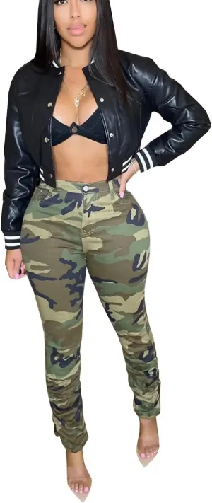Varsity Cropped Faux Leather Jacket for Women Long Sleeve Button Down Bomber Baseball Jacket Streetwear with Pocket
