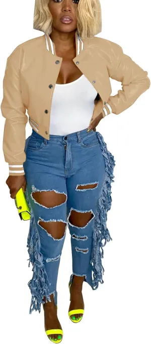Varsity Cropped Faux Leather Jacket for Women Long Sleeve Button Down Bomber Baseball Jacket Streetwear with Pocket