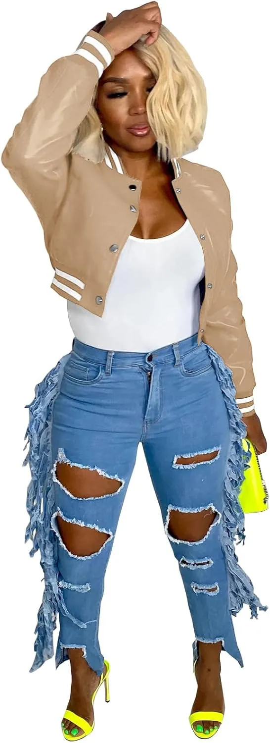 Varsity Cropped Faux Leather Jacket for Women Long Sleeve Button Down Bomber Baseball Jacket Streetwear with Pocket