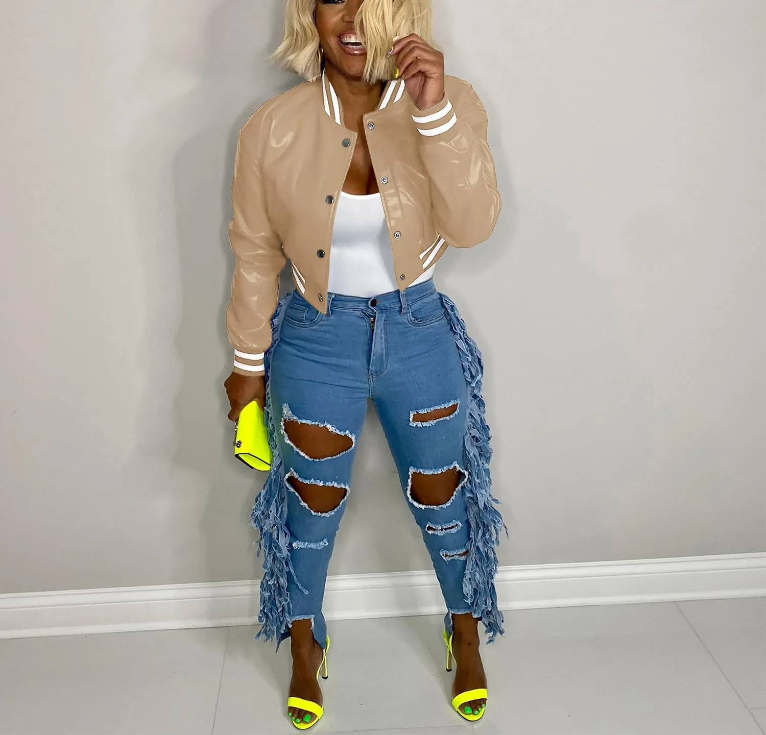 Varsity Cropped Faux Leather Jacket for Women Long Sleeve Button Down Bomber Baseball Jacket Streetwear with Pocket