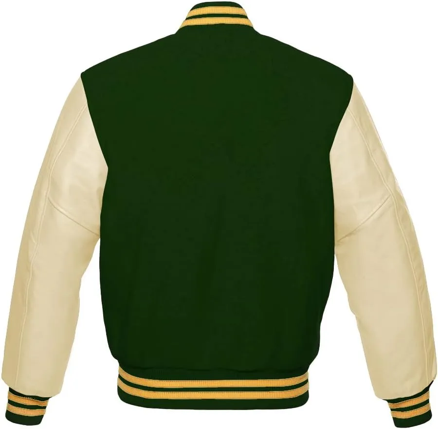 Varsity Jacket Baseball Letterman Bomber Wool & Light Cream Genuine leather Sleeves With Yellow Gold Stripe