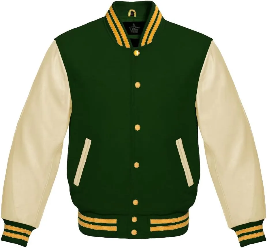 Varsity Jacket Baseball Letterman Bomber Wool & Light Cream Genuine leather Sleeves With Yellow Gold Stripe