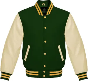 Varsity Jacket Baseball Letterman Bomber Wool & Light Cream Genuine leather Sleeves With Yellow Gold Stripe