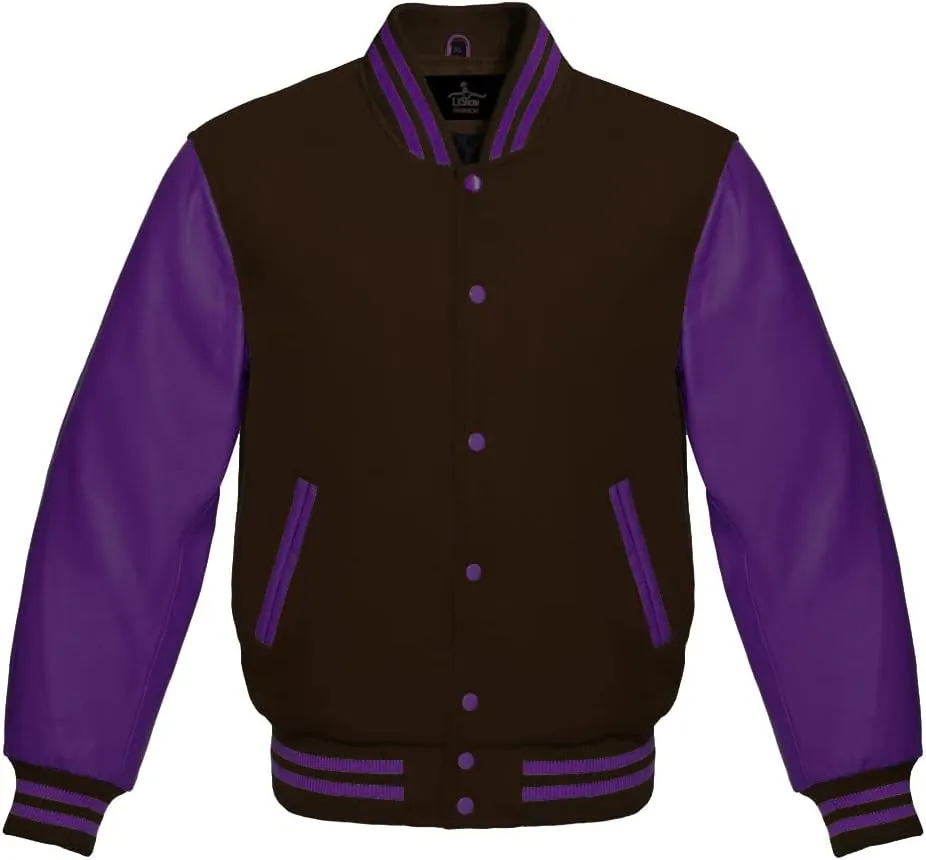 Varsity Jacket Baseball Letterman Bomber Wool & Purple Genuine leather sleeves