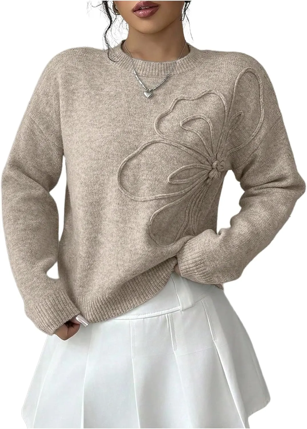 Verdusa Women's 3D Floral Pullover Sweaters Crew Neck Long Sleeve Knit Top