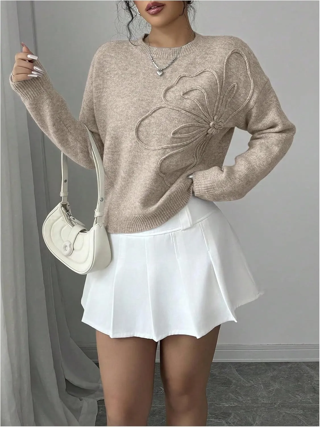 Verdusa Women's 3D Floral Pullover Sweaters Crew Neck Long Sleeve Knit Top