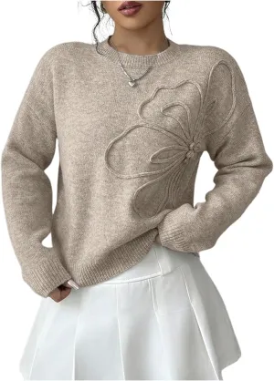 Verdusa Women's 3D Floral Pullover Sweaters Crew Neck Long Sleeve Knit Top