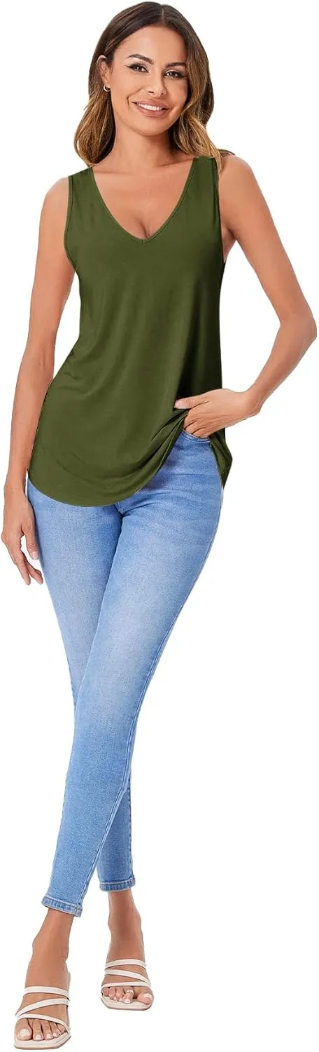 Verdusa Women's Basic V Neck Longline Dolphin Hem Loose Tunic Tank Top