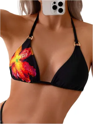 Verdusa Women's Floral Print Halter Bikini Top String Triangle Bra Swimsuit Tops