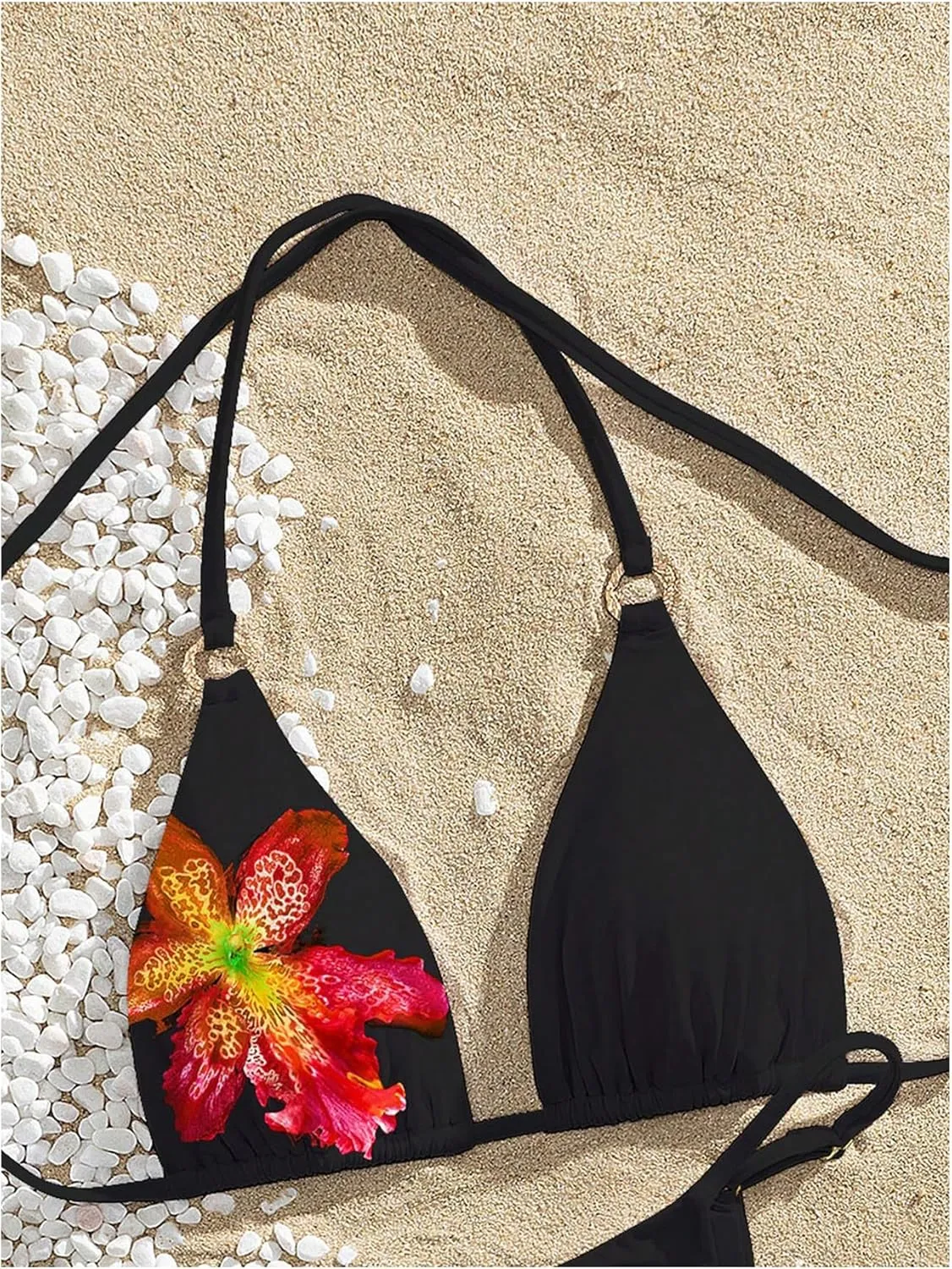 Verdusa Women's Floral Print Halter Bikini Top String Triangle Bra Swimsuit Tops