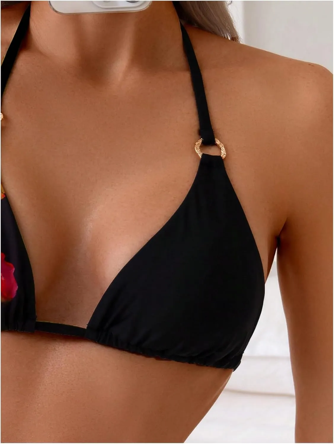 Verdusa Women's Floral Print Halter Bikini Top String Triangle Bra Swimsuit Tops