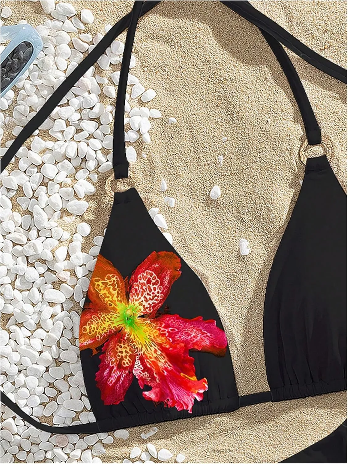 Verdusa Women's Floral Print Halter Bikini Top String Triangle Bra Swimsuit Tops