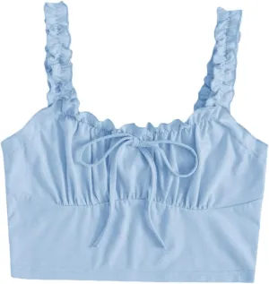 Verdusa Women's Frill Trim Strap Tie Knot Ruched Front Bustier Crop Top