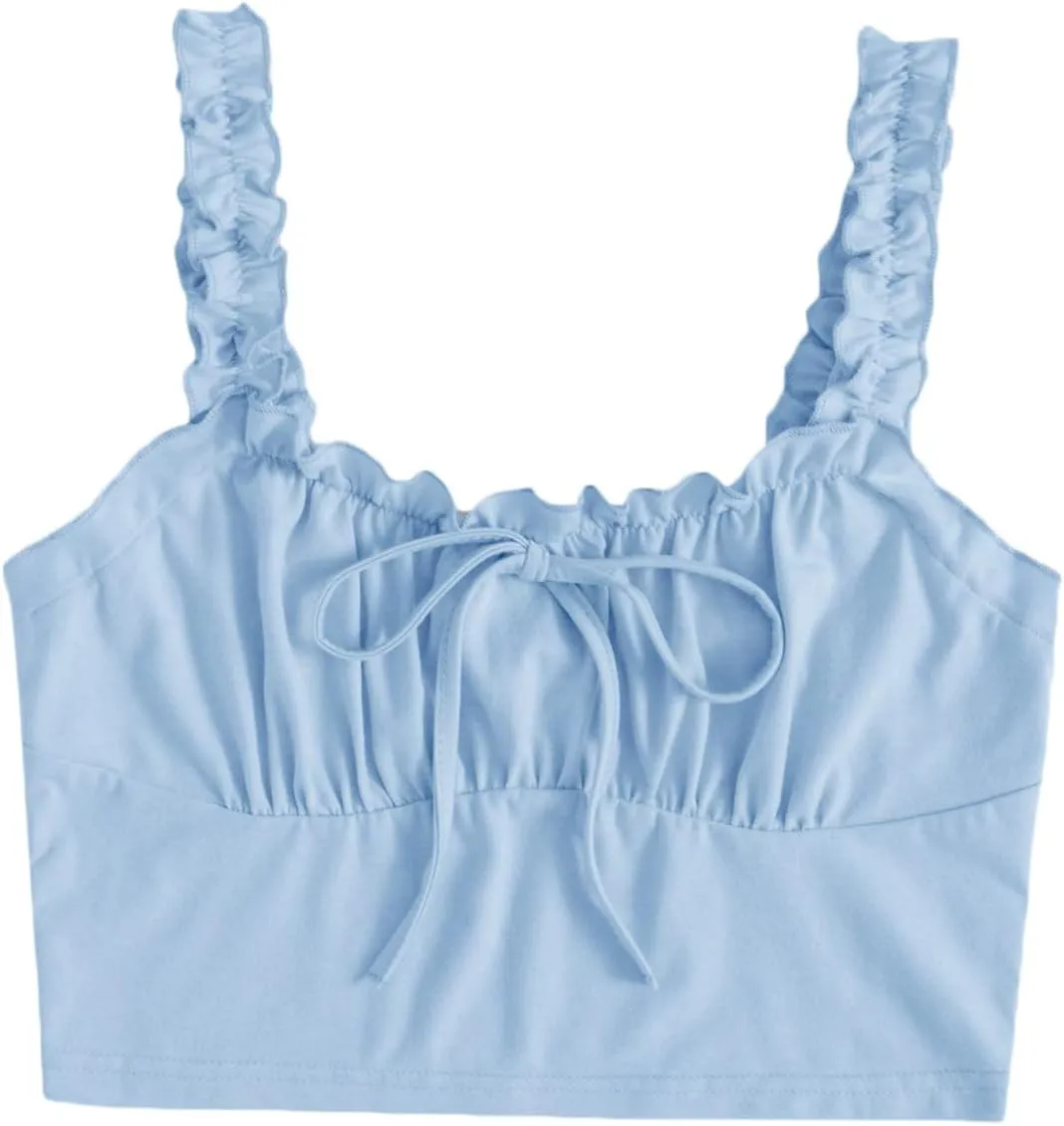 Verdusa Women's Frill Trim Strap Tie Knot Ruched Front Bustier Crop Top