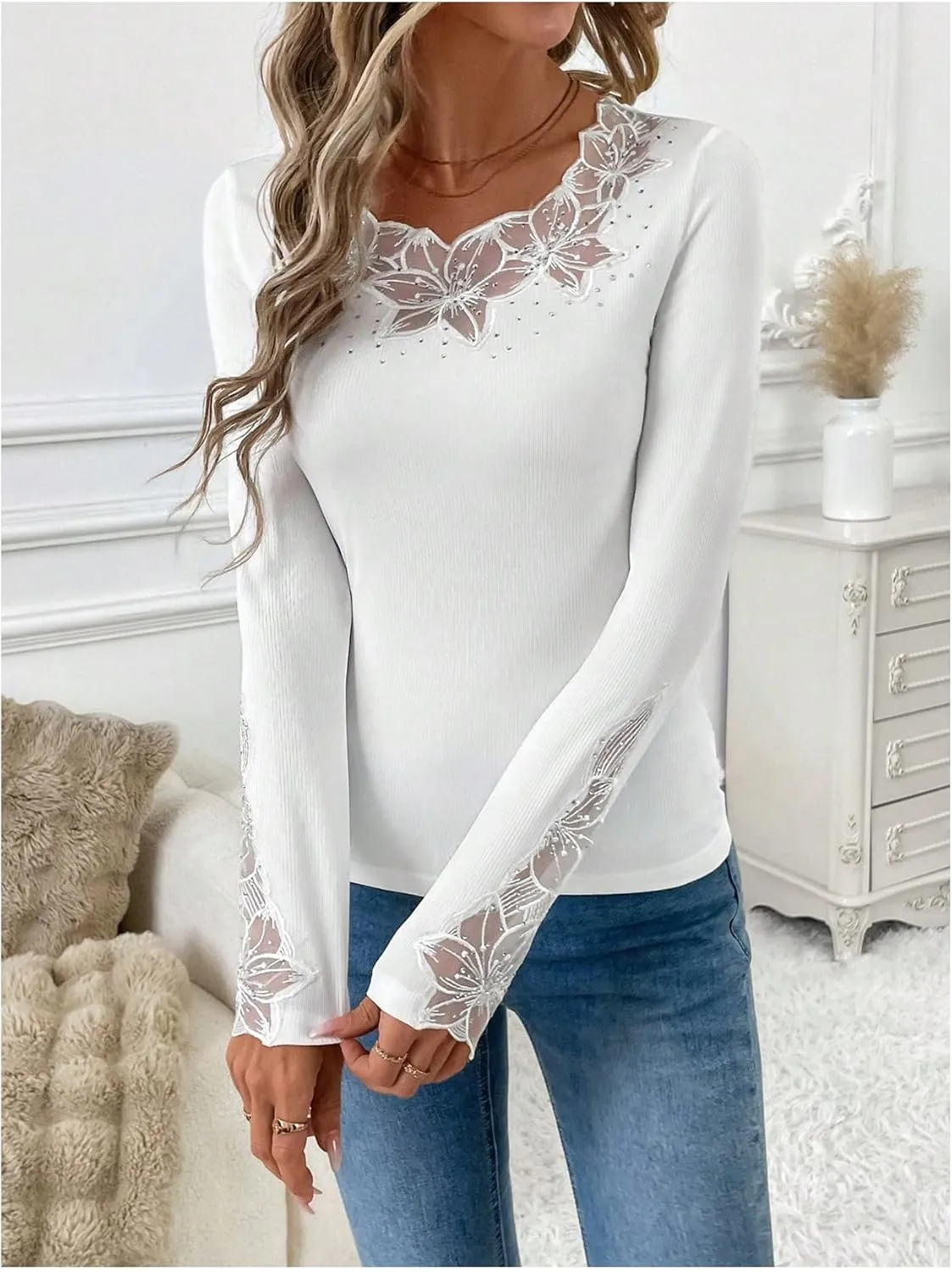 Verdusa Women's Rhinestone Sparkly Floral Lace T Shirt Long Sleeve Fitted Knit Top