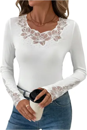 Verdusa Women's Rhinestone Sparkly Floral Lace T Shirt Long Sleeve Fitted Knit Top