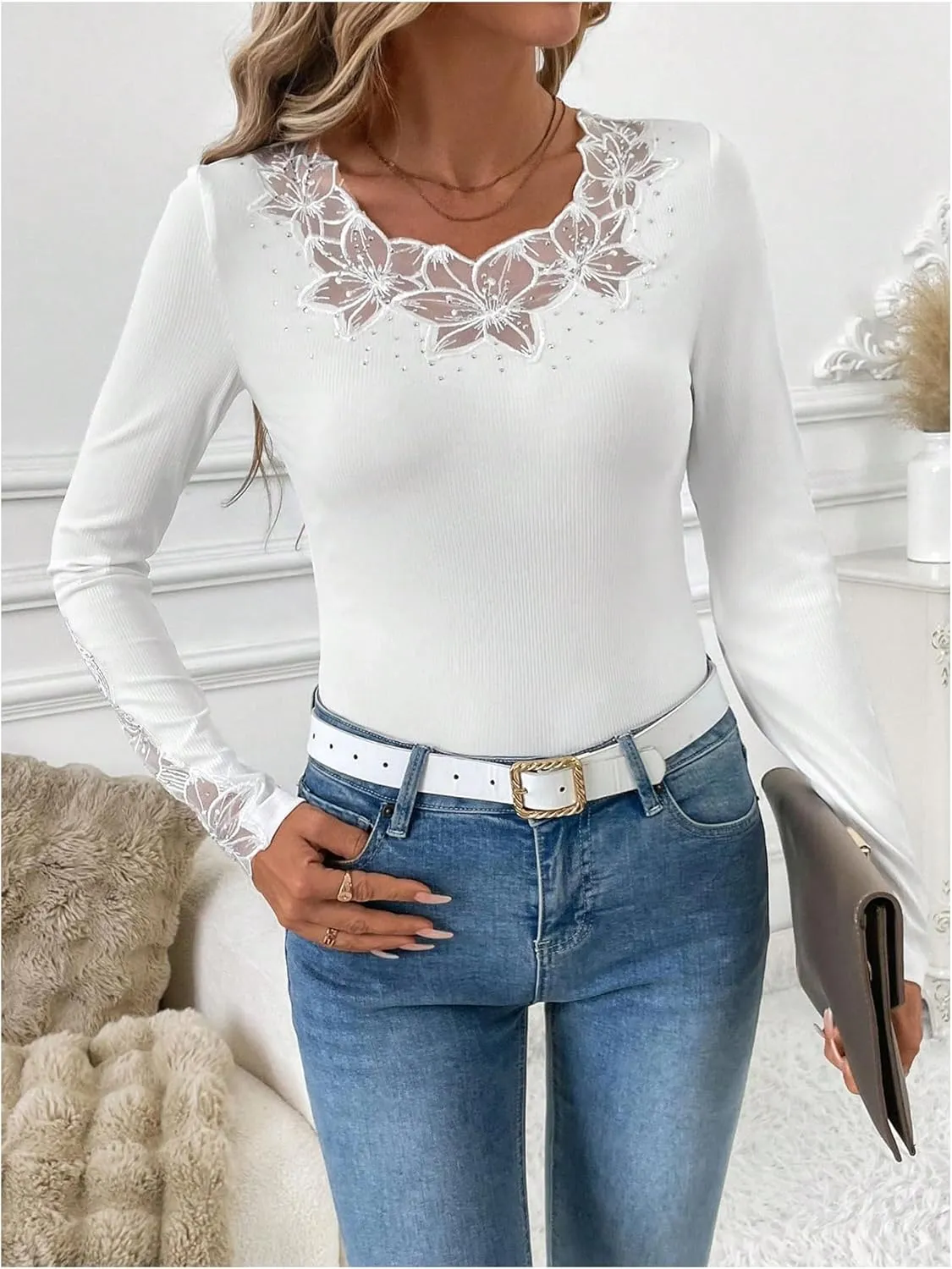 Verdusa Women's Rhinestone Sparkly Floral Lace T Shirt Long Sleeve Fitted Knit Top