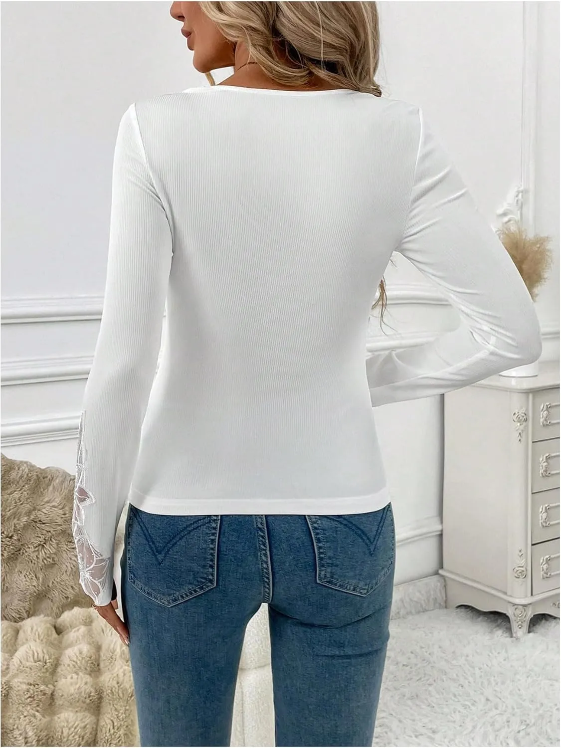 Verdusa Women's Rhinestone Sparkly Floral Lace T Shirt Long Sleeve Fitted Knit Top