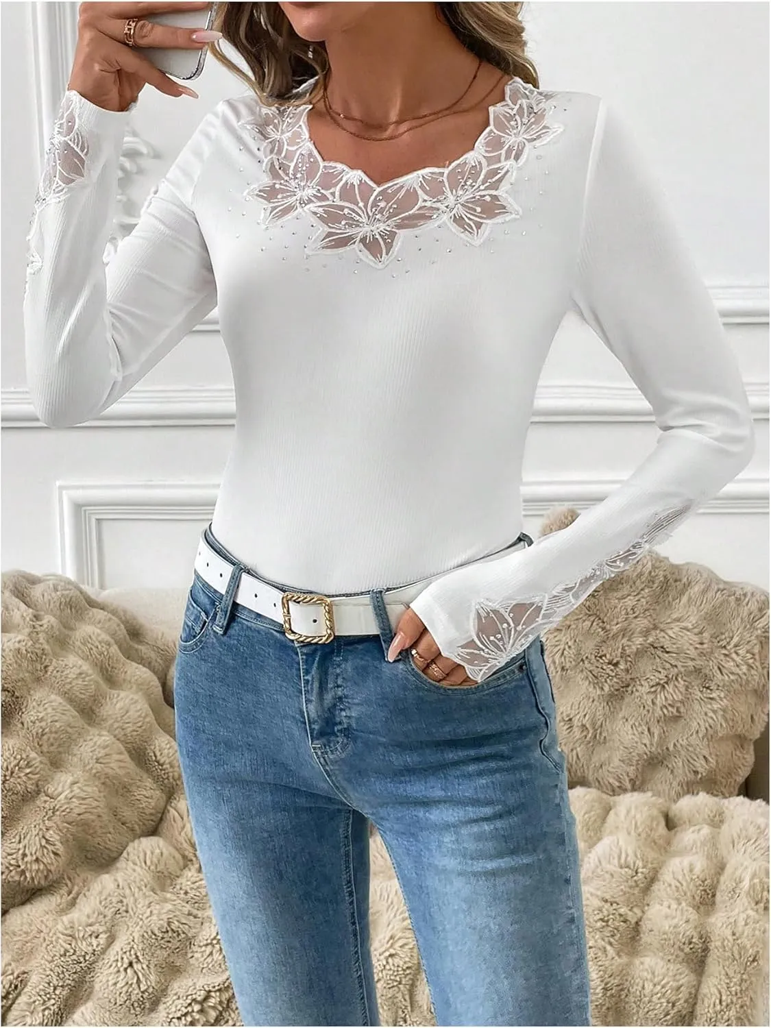 Verdusa Women's Rhinestone Sparkly Floral Lace T Shirt Long Sleeve Fitted Knit Top