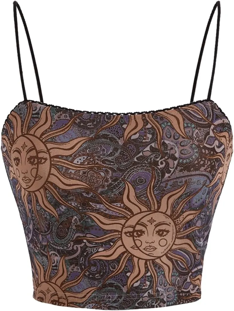 WDIRARA Women's Boho Crop Cami Top Spaghetti Strap Slim Fit Vintage 90s Camisole