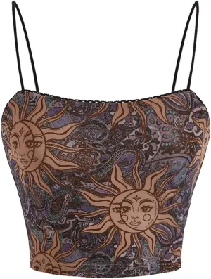 WDIRARA Women's Boho Crop Cami Top Spaghetti Strap Slim Fit Vintage 90s Camisole
