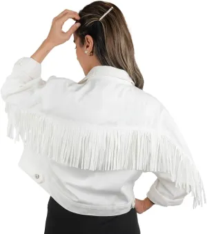 White Fringe Denim Jean Jacket for Women  Stylish & Comfortable Distressed Fabric with a Unique Fringe for All-Day Wear (US, Alpha, Large, X-Large, Regular, Regular, White)