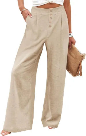 Wide Leg Pants for Women Summer Fashion Button High Waist Pant Solid Color Casual Loose Business Pants with Pocket