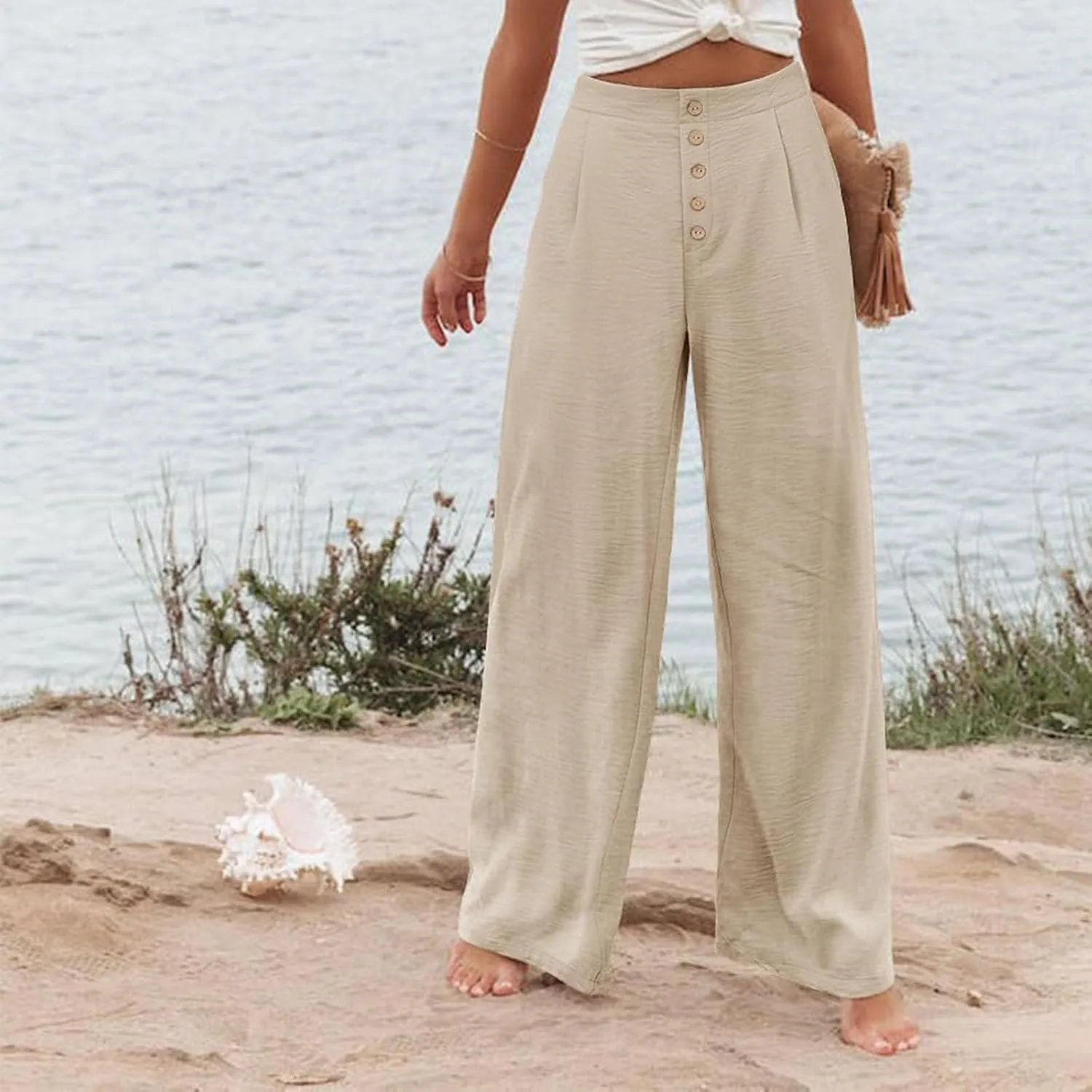 Wide Leg Pants for Women Summer Fashion Button High Waist Pant Solid Color Casual Loose Business Pants with Pocket