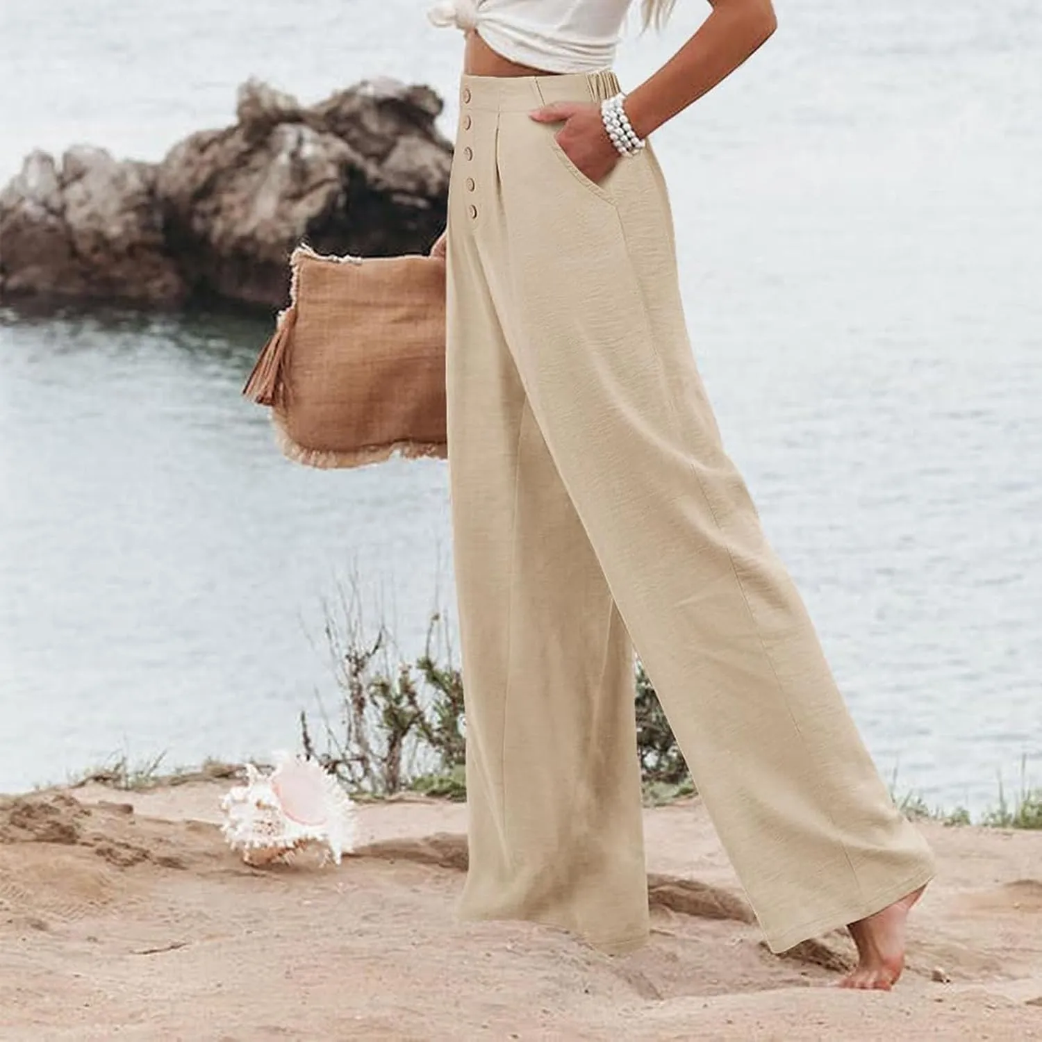 Wide Leg Pants for Women Summer Fashion Button High Waist Pant Solid Color Casual Loose Business Pants with Pocket