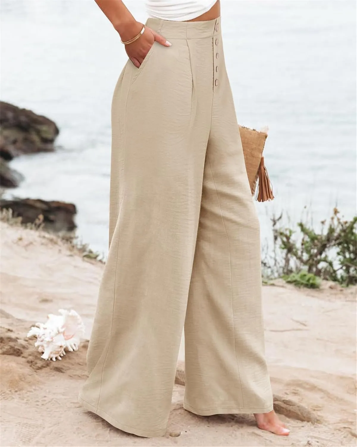 Wide Leg Pants for Women Summer Fashion Button High Waist Pant Solid Color Casual Loose Business Pants with Pocket