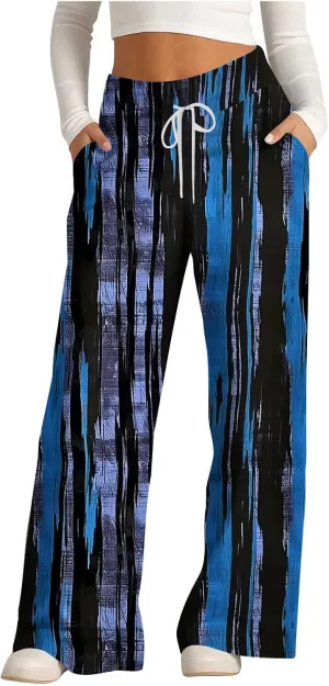 Wide Leg Sweatpants for Women High Waist Drawstring Workout Trousers Striped Print Loose Flowy Y2K Pants with Pockets