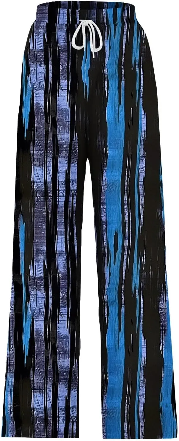 Wide Leg Sweatpants for Women High Waist Drawstring Workout Trousers Striped Print Loose Flowy Y2K Pants with Pockets