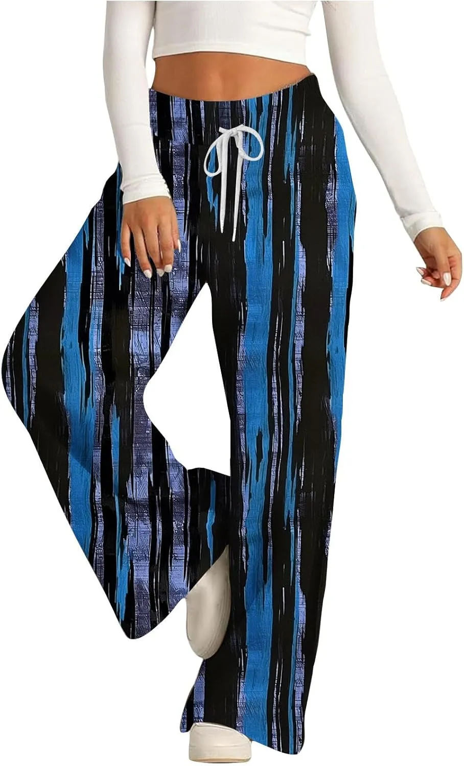 Wide Leg Sweatpants for Women High Waist Drawstring Workout Trousers Striped Print Loose Flowy Y2K Pants with Pockets