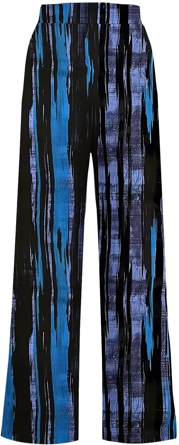Wide Leg Sweatpants for Women High Waist Drawstring Workout Trousers Striped Print Loose Flowy Y2K Pants with Pockets