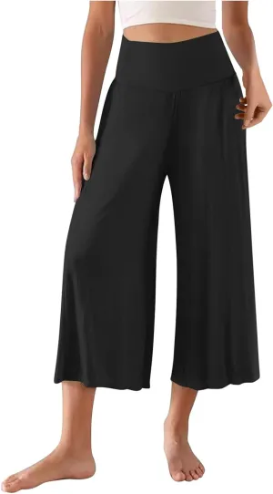 Wide Leg Yoga Capris for Women Casual Loose Soft Cropped Lounge Pant Trousers High Waist Flowy Yoga Pants